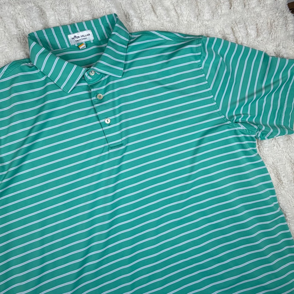Peter Millar Summer Comfort Mens XL Green Striped Performance Golf Polo Shirt